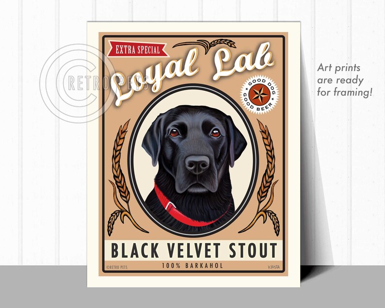 Labrador Retriever Faux Beer Label Kunstdruck Schwarzer Samt Stout Bar Dekor von Retro Haustiere Künstlerin Krista Brooks Bild 3