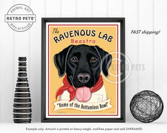 May include: A vintage-style poster featuring a black Labrador Retriever with a red bandana and a white chef's hat. The poster has yellow and red text that reads "The Ravenous Lab Beastro" and "Home of the Bottomless Bowl".