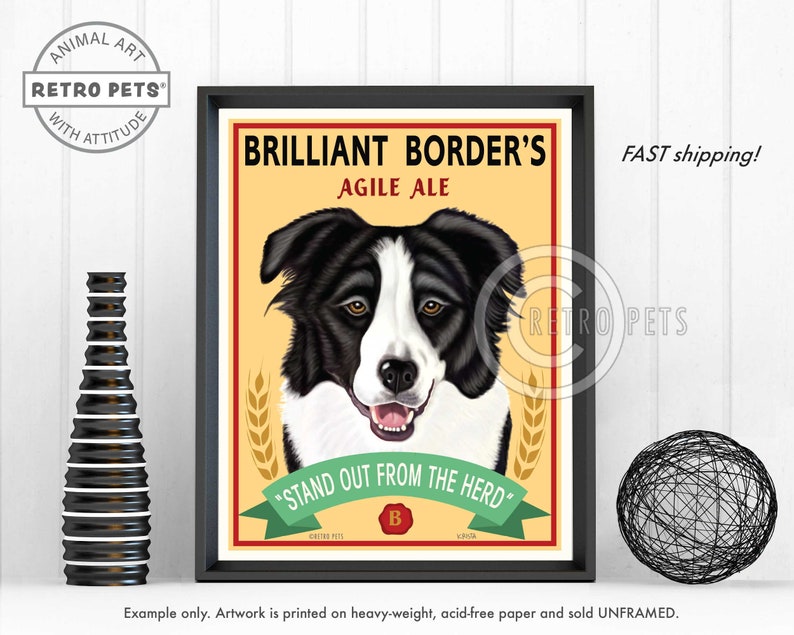 Border Collie Art, Dog Wall Art, Dog Decor, Brilliant Border, Bar Decor, Dog Illustration, Greeting Cards or UNFRAMED print image 1