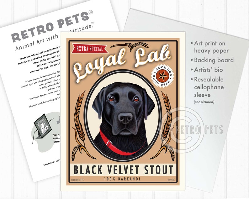 Labrador Retriever Faux Beer Label Kunstdruck Schwarzer Samt Stout Bar Dekor von Retro Haustiere Künstlerin Krista Brooks Bild 5