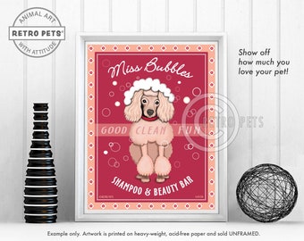 Puede incluir: Un caniche rosa con un lazo blanco y esponjoso en la cabeza aparece en un cartel rojo y blanco que dice "Miss Bubbles Good Clean Fun Shampoo & Beauty Bar".