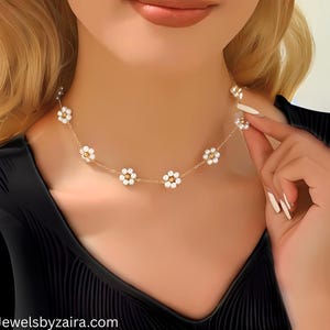 Dainty Daisy Pearl Necklace, Handmade Flower Choker, Gold Freshwater Pearl Necklace, Bridesmaid Gift, Mother's Day Jewellery
