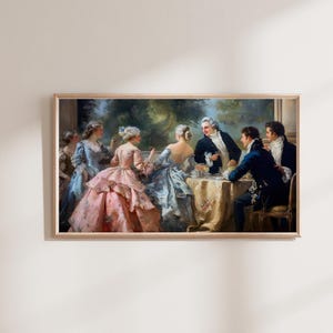 May include: A painting depicting a group of people in 18th-century clothing gathered around a table in a garden setting. The people are dressed in elegant attire, with the women wearing long dresses and the men wearing suits and wigs. The painting is done in a realistic style, with attention to detail in the clothing, the setting, and the expressions on the faces of the people.