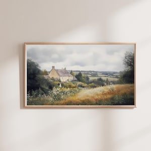 May include: A painting of a stone cottage with a green roof nestled in a rolling green hillside. The cottage is surrounded by trees and flowers, and the sky is a soft gray with white clouds.