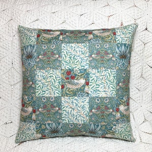 Aqua Strawberry Thief Pillow Cover, 17 Inches Square Patchwork William Morris Birds & Berries Garden Design, Arts and Crafts Style image 1