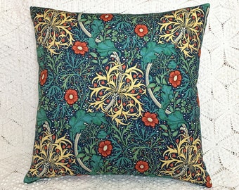 William Morris Pillow Cover, 18 Inches Square | 19th Century Art Nouveau Underwater Garden Design | Deep Teal Green Marine Colorway