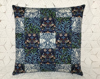 William Morris Patchwork Pillow Cover, 17 Inches Square | Brer Rabbit & Strawberry Thief | 19th Century Arts and Crafts Design