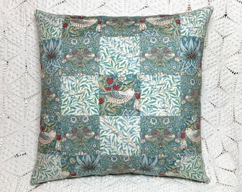 Aqua Strawberry Thief Pillow Cover, 17 Inches Square Patchwork | William Morris Birds & Berries Garden Design, Arts and Crafts Style