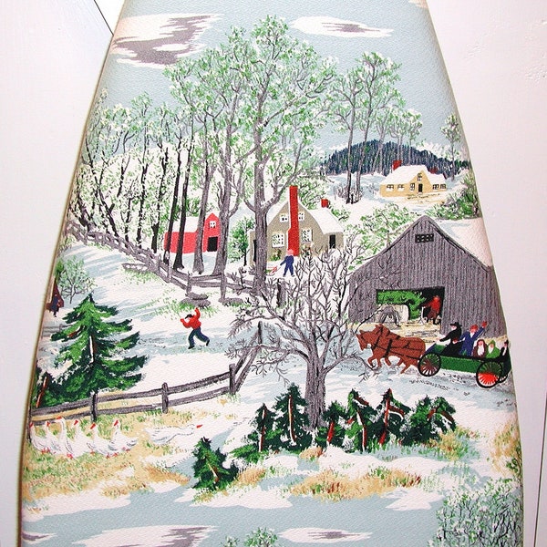 Vintage Barkcloth Ironing Board Cover | Grandma Moses Early Springtime in the Snow, Woodland Scene | Fits Boards up to 18 Inches Wide