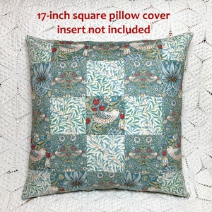 Aqua Strawberry Thief Pillow Cover, 17 Inches Square Patchwork William Morris Birds & Berries Garden Design, Arts and Crafts Style image 3