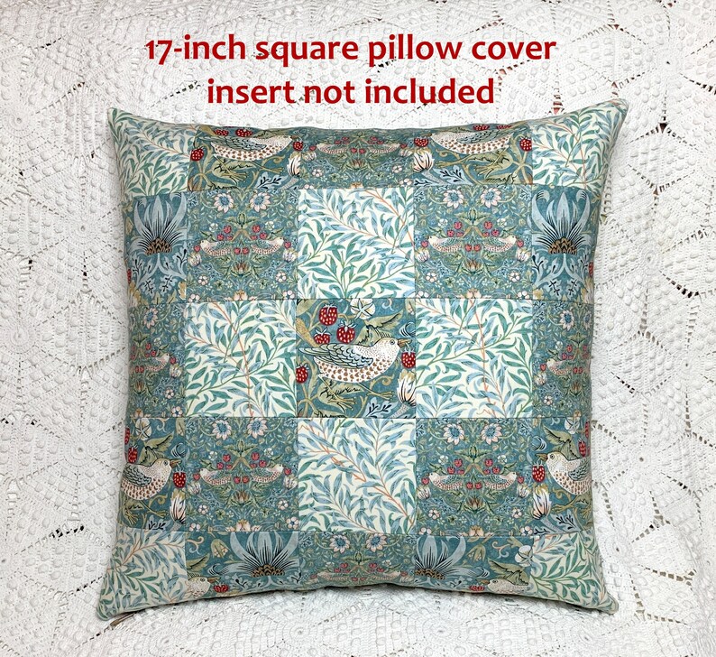 Aqua Strawberry Thief Pillow Cover, 17 Inches Square Patchwork William Morris Birds & Berries Garden Design, Arts and Crafts Style image 3