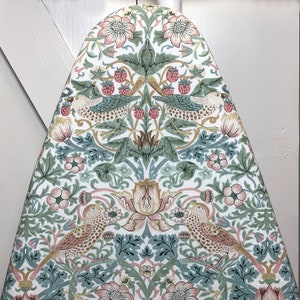 Strawberry Thief Ironing Board Cover William Morris Design in Sage, Pink & Teal on White Elastic Edge Fits Boards To 18 inches Wide 画像 3