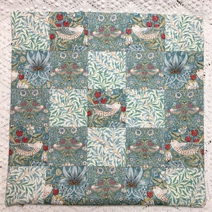 Aqua Strawberry Thief Pillow Cover, 17 Inches Square Patchwork William Morris Birds & Berries Garden Design, Arts and Crafts Style image 2