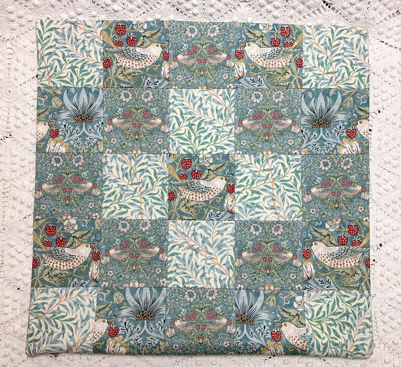 Aqua Strawberry Thief Pillow Cover, 17 Inches Square Patchwork William Morris Birds & Berries Garden Design, Arts and Crafts Style image 2