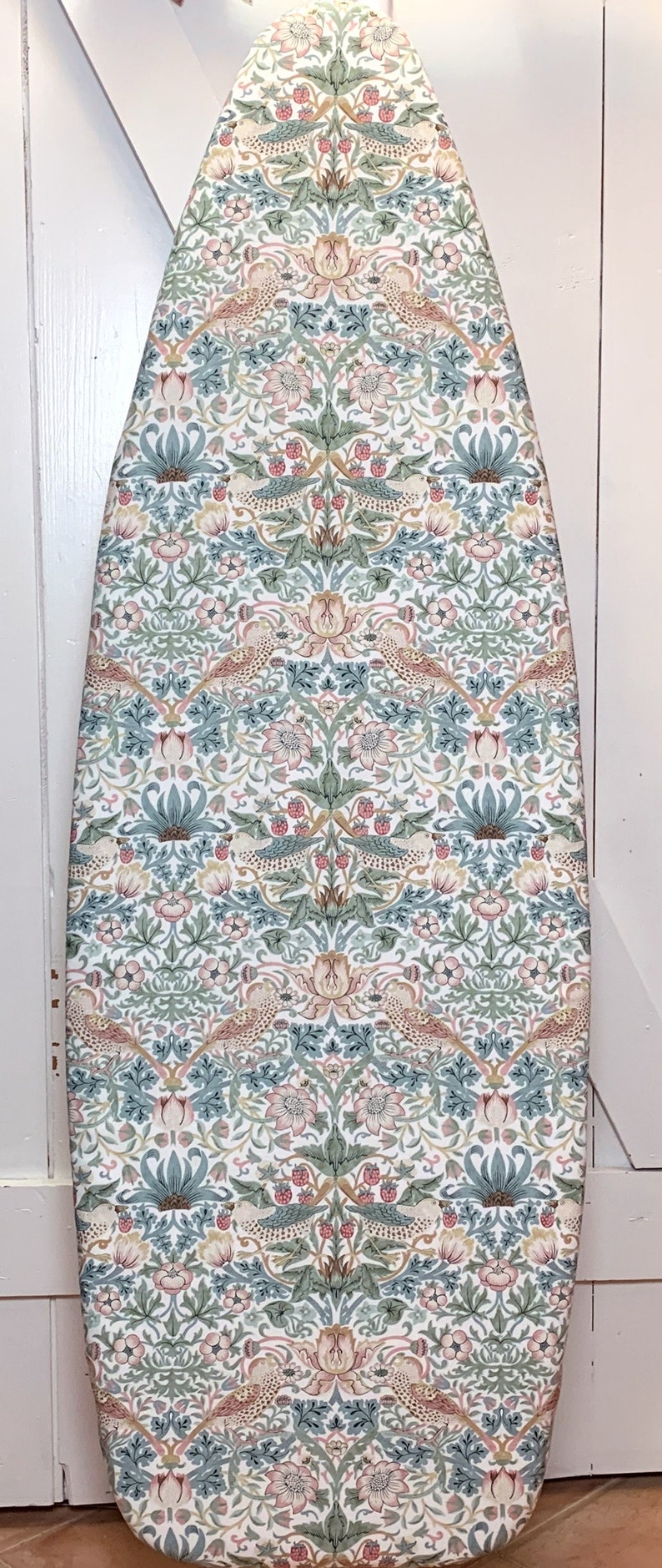 Strawberry Thief Ironing Board Cover William Morris Design in Sage, Pink & Teal on White Elastic Edge Fits Boards To 18 inches Wide 画像 2