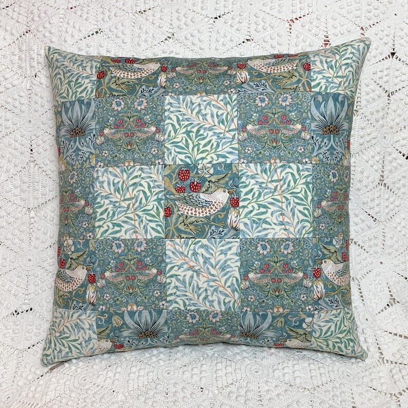 Aqua Strawberry Thief Pillow Cover, 17 Inches Square Patchwork William Morris Birds & Berries Garden Design, Arts and Crafts Style image 6