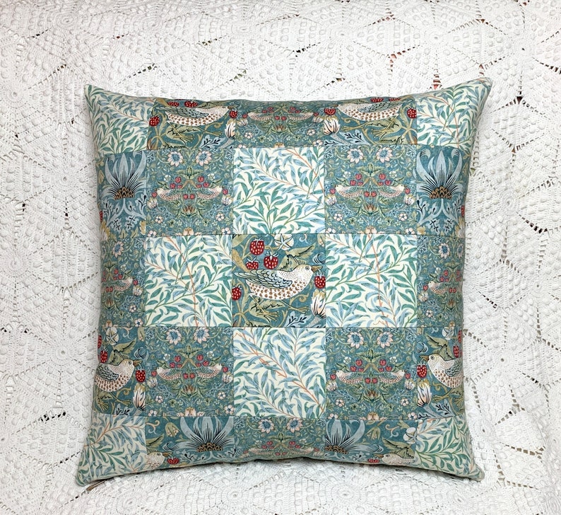 Aqua Strawberry Thief Pillow Cover, 17 Inches Square Patchwork William Morris Birds & Berries Garden Design, Arts and Crafts Style image 1