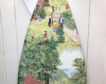 Vintage Barkcloth Ironing Board Cover | Grandma Moses "Mary and Little Lamb" Design | Adjustable Elastic Edge | Fits Boards Up To 18" Wide