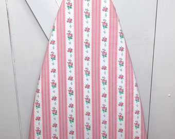 Pink Roses 1940s Vintage Ticking Ironing Board Cover | Adjustable Elastic Edge | Fits Standard Length Boards to 18 Inches Wide