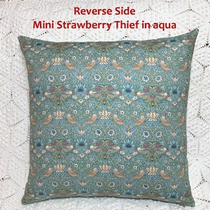 Aqua Strawberry Thief Pillow Cover, 17 Inches Square Patchwork William Morris Birds & Berries Garden Design, Arts and Crafts Style image 4