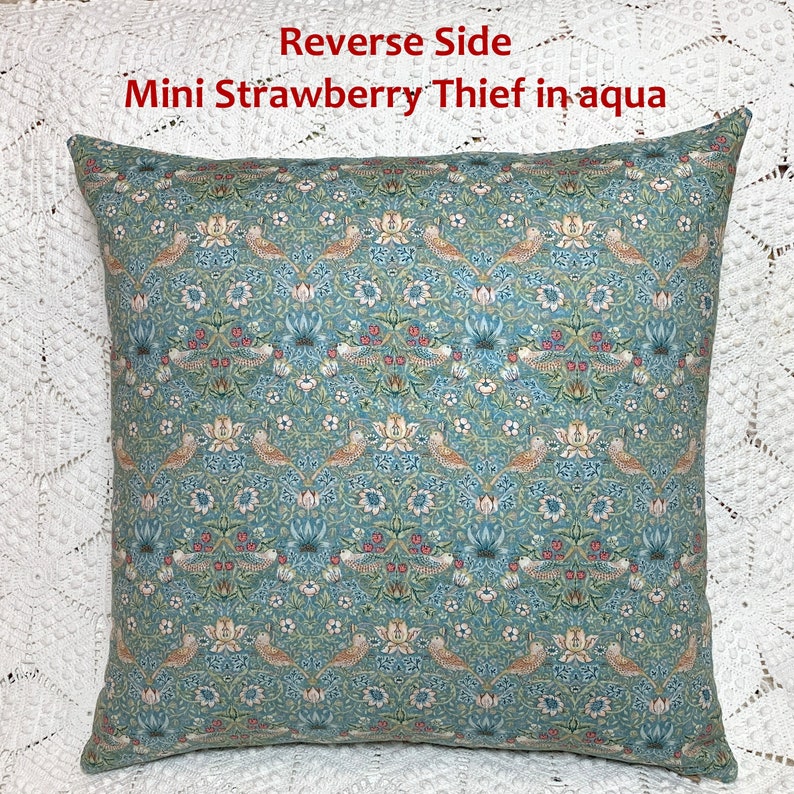 Aqua Strawberry Thief Pillow Cover, 17 Inches Square Patchwork William Morris Birds & Berries Garden Design, Arts and Crafts Style image 4