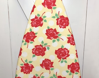 Red Roses on Lemon Yellow Ironing Board Cover | Fits 18 inch & Standard 15 inch Wide boards | Adjustable Elastic Edge | Out of Print Fabric