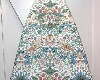 Strawberry Thief Ironing Board Cover | William Morris Design in Sage, Pink & Teal on White | Elastic Edge | Fits Boards To 18 inches Wide