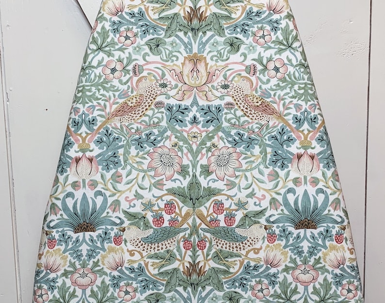 Strawberry Thief Ironing Board Cover William Morris Design in Sage, Pink & Teal on White Elastic Edge Fits Boards To 18 inches Wide 画像 5