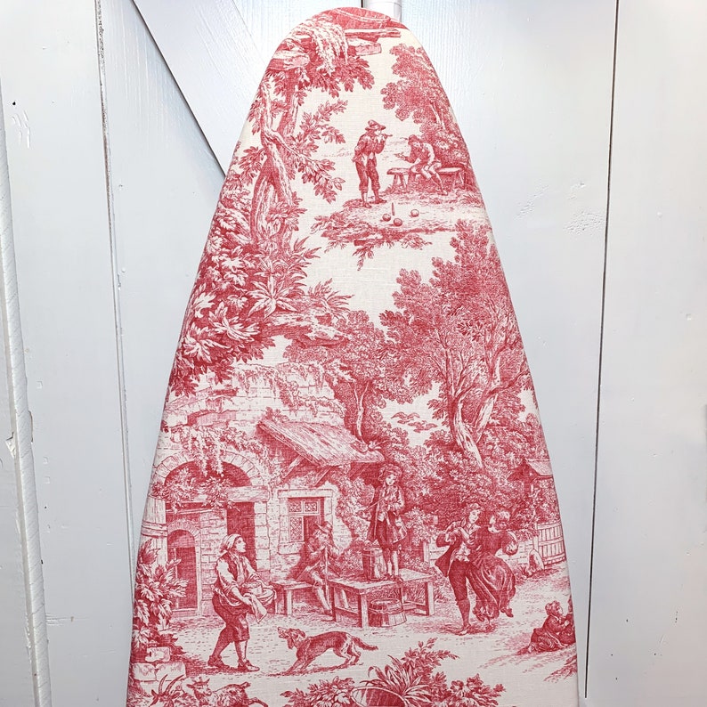 Red Toile Ironing Board Cover Authentic Laura Ashley English Country Fabric Adjustable Elastic Edge Fits Boards to 18 Inches Wide image 1
