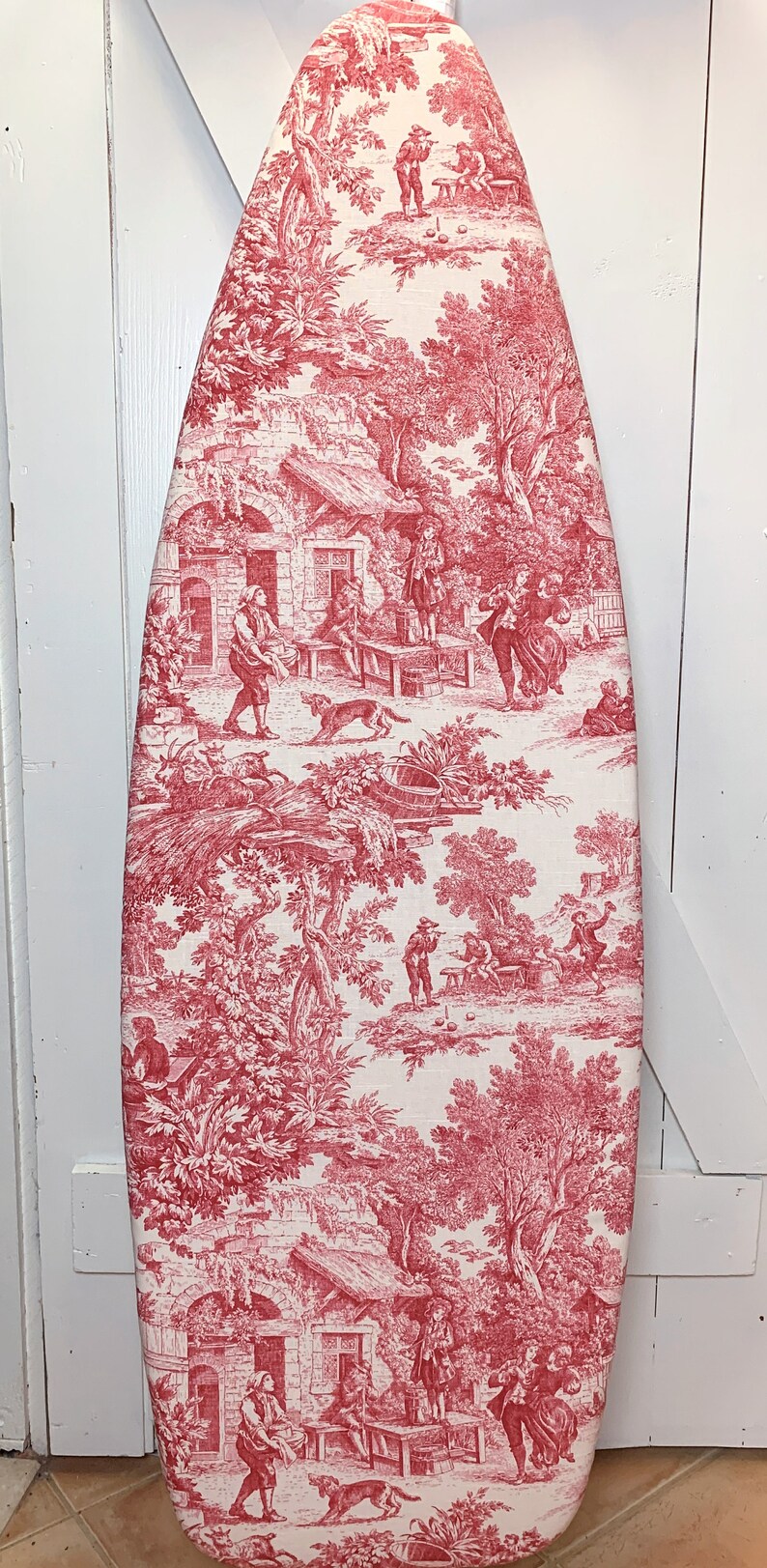 Red Toile Ironing Board Cover Authentic Laura Ashley English Country Fabric Adjustable Elastic Edge Fits Boards to 18 Inches Wide image 2