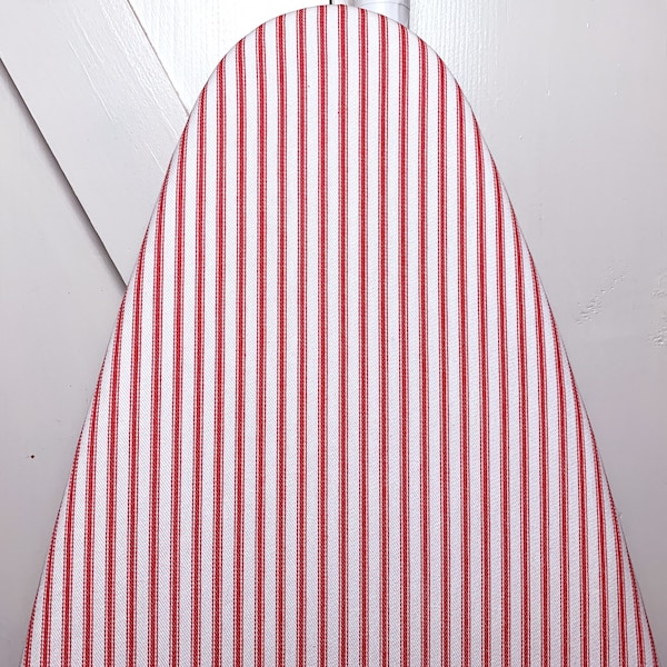 Classic Red and White Woven Ticking Stripe Ironing Board Cover | Vintage Style, Adjustable Elastic Edge | Fits Boards up to 18-inches Wide