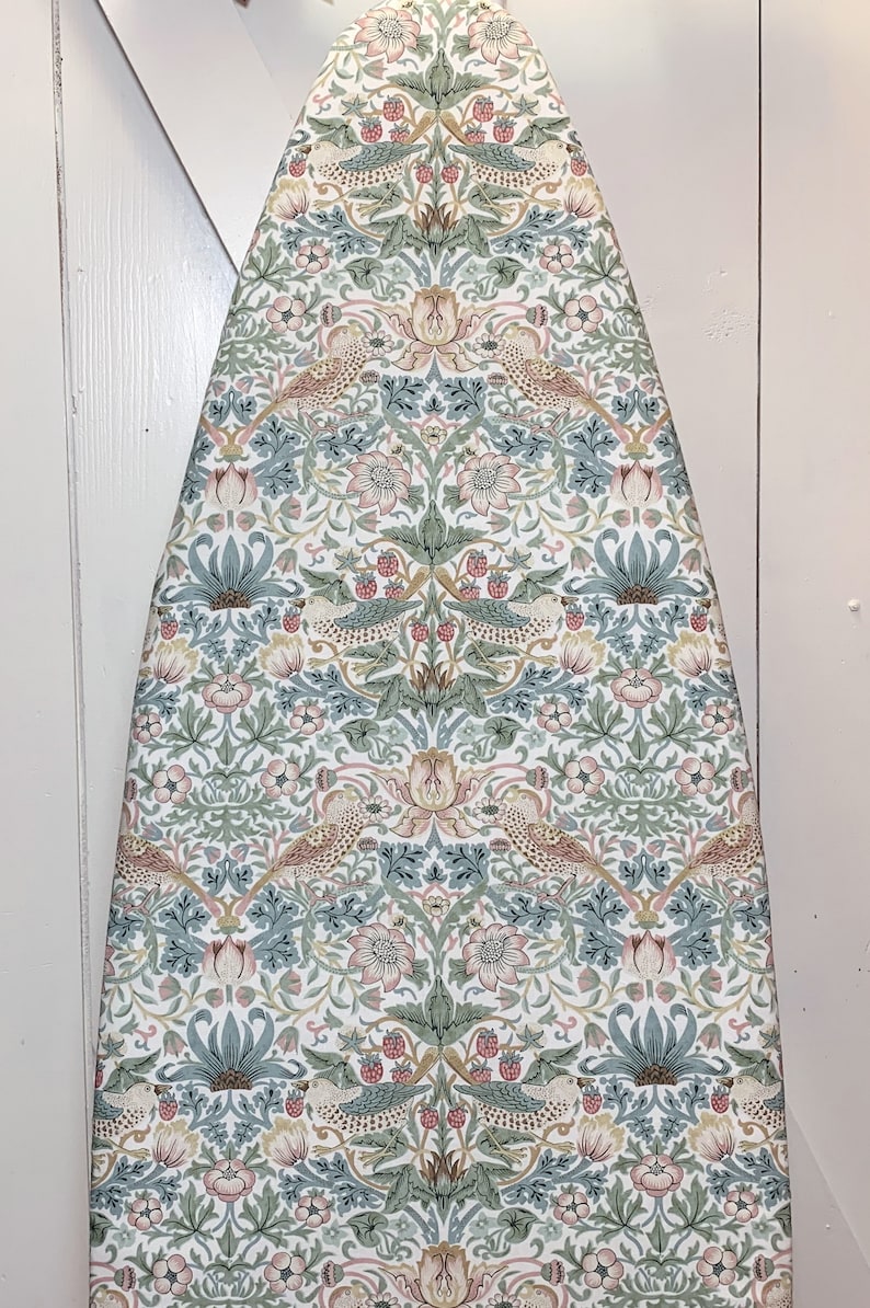 Strawberry Thief Ironing Board Cover William Morris Design in Sage, Pink & Teal on White Elastic Edge Fits Boards To 18 inches Wide 画像 6