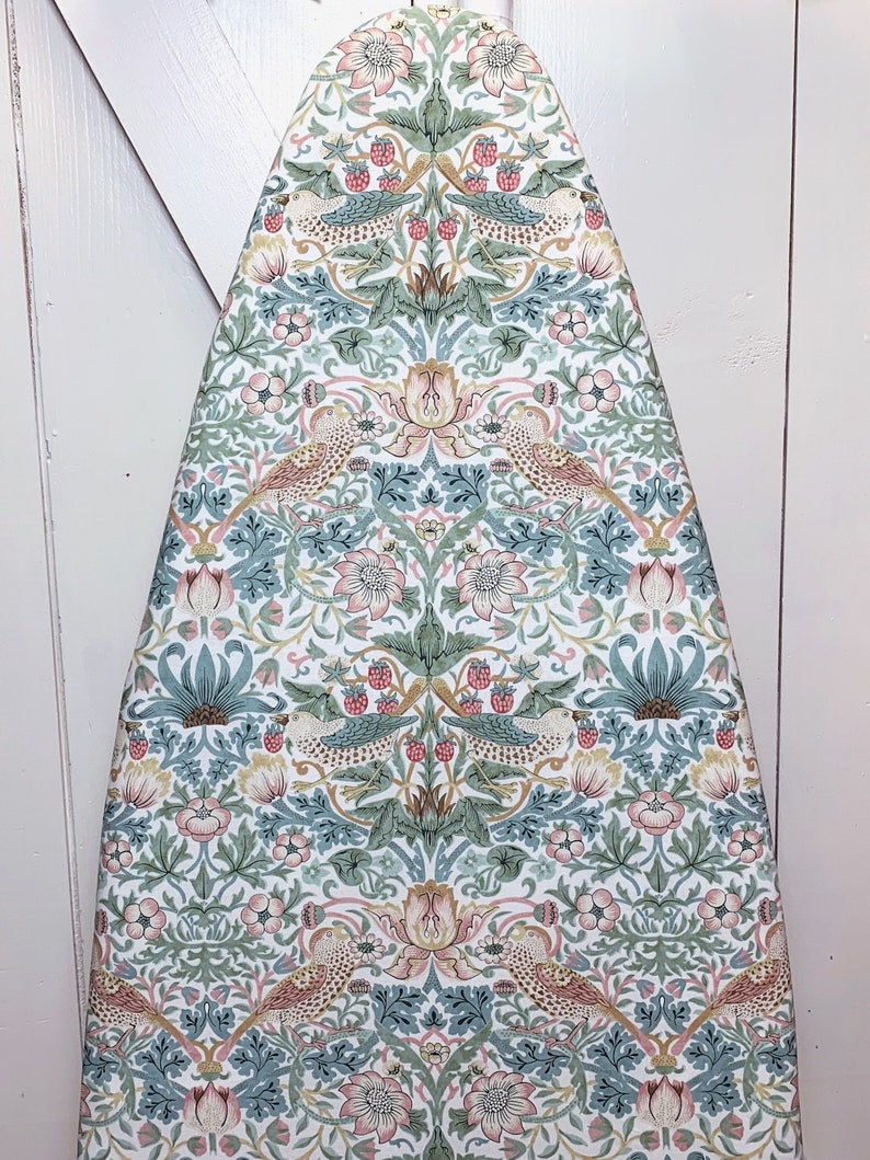 Strawberry Thief Ironing Board Cover William Morris Design in Sage, Pink & Teal on White Elastic Edge Fits Boards To 18 inches Wide 画像 4