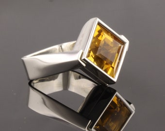 Sterling Silver Ring set with 12mm square facet cut Citrine