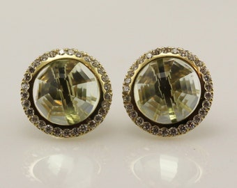 18 kt yellow gold Earrings set with 12 mm round Prasi Olite and 1.05 ct Diamonds