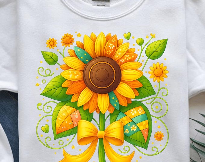 Embroidered Sunflower Patch PNG, Yellow Bow Sublimation Design, Coquette Floral PNG for T-Shirts, Digital Download Png, DTF