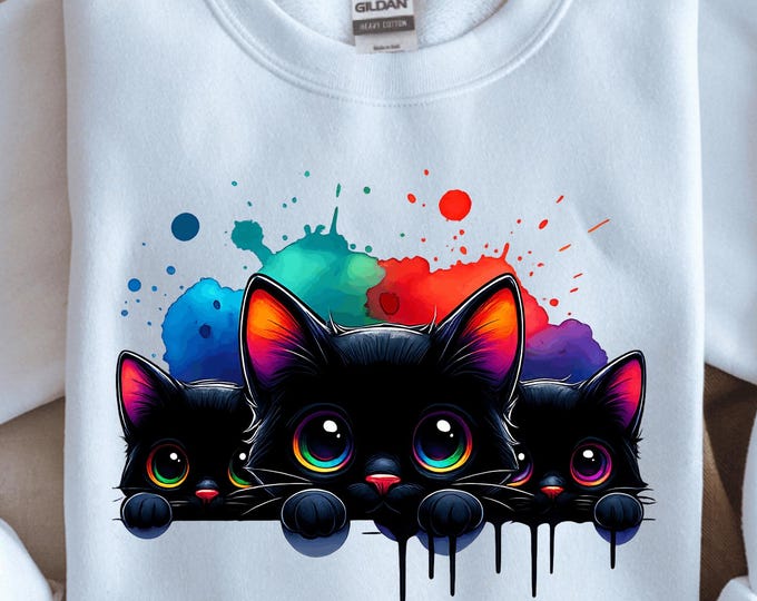 Cute Black Cats T Shirt Design, Watercolor Splash, Rainbow Eyes Kitten Tee, Digital Download for Commercial Use, Animal Lovers Gift