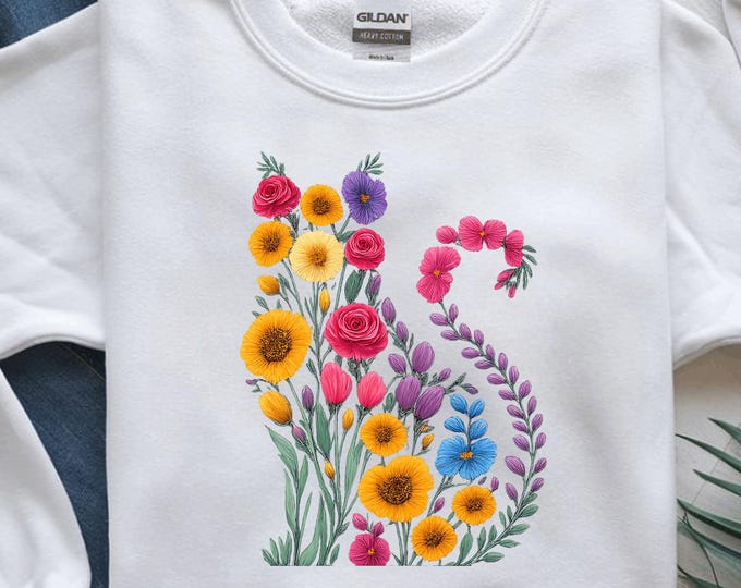 Floral Cat T Shirt, Flower Kitten Tee, Botanical Cat Lover Gift, Cute Cat Shirt, Colorful Flower Design, Pet T Shirt, Digital Design