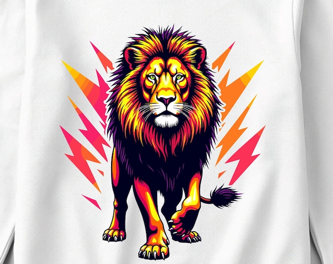Neon Lion Digital Print Design - Bold and Modern Graphic Art - For T-Shirt & Sweatshirt PrintsVibrant Neon Lion Digital Print Design