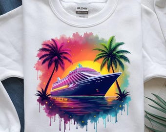 Cruise Ship Sunset PNG: Tropical Vacation T-Shirt Design (Digital Download PNG)