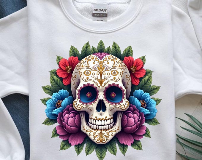 Floral Sugar Skull PNG, Day of the Dead T-Shirt Design, Colorful Skull Sublimation Clipart, Mexican Skull Art, Digital Download