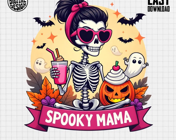 Spooky Mama Skeleton T-Shirt, Halloween Mom T-Shirt, Funny Halloween Shirt, Skeleton With Pink Drink, Spooky Season T-Shirt, Mama Halloween