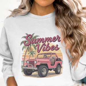 Summer Vibes Graphic Sweatshirt, Retro Pink Jeep and Palm Trees, Casual Beach Style Pullover, Trendy Women's Fashion Top