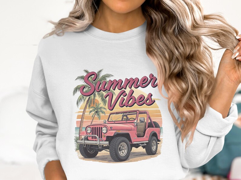 Summer Vibes Graphic Sweatshirt, Retro Pink Jeep and Palm Trees, Casual Beach Style Pullover, Trendy Women's Fashion Top