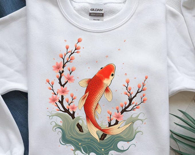 Koi Fish PNG, Japanese Cherry Blossom T-Shirt Design, Elegant Water Wave Sublimation Art, Zen Nature Printable, Digital Download PNG