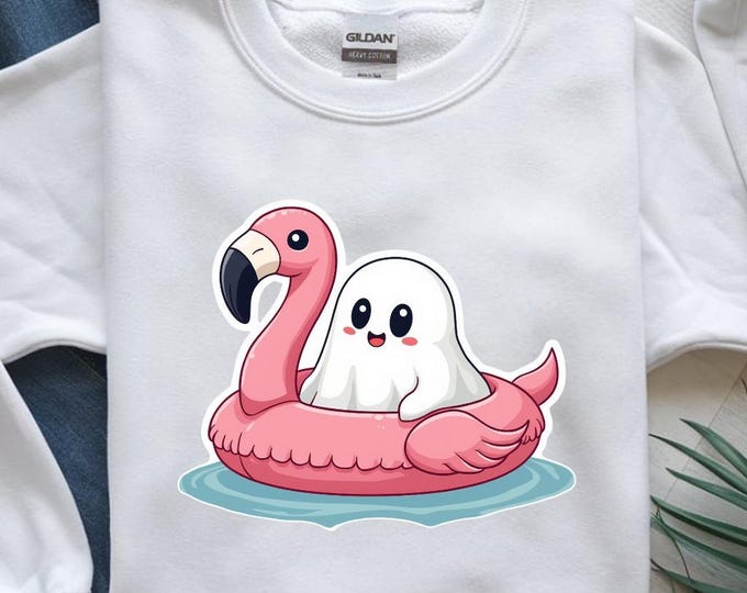 Cute Ghost T-Shirt, Funny Ghost in Flamingo Pool Float Tee, Kawaii Halloween Shirt, Spooky Season Shirt, Digital Design