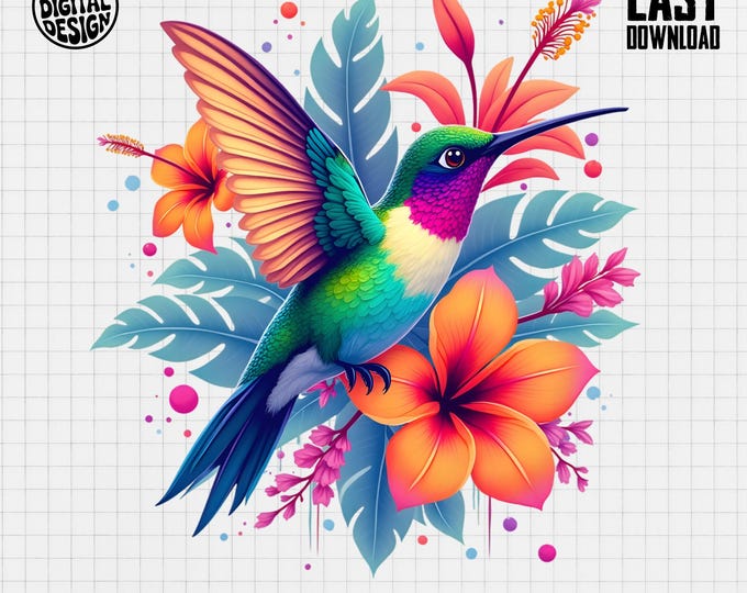 Hummingbird T-Shirt, Tropical Flowers Tee, Vibrant Bird Shirt, Nature Lover Gift, Unique Graphic Tee, Digital Item