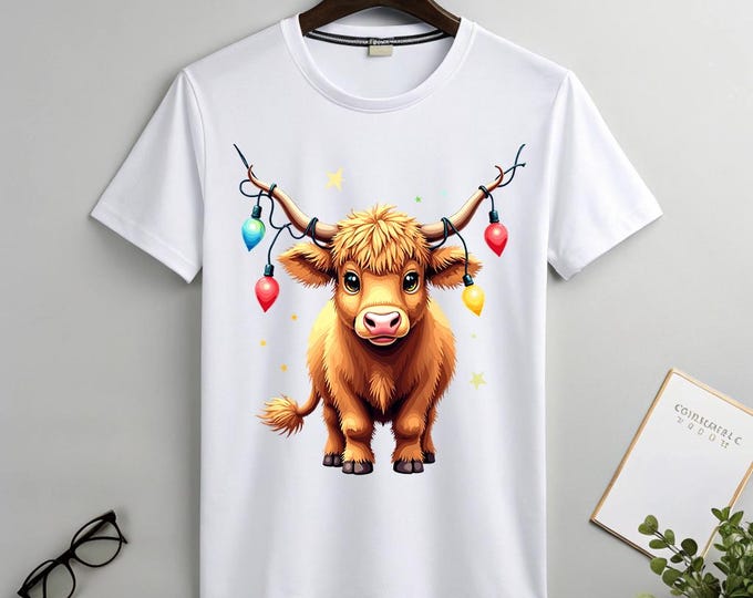 Christmas Cow Sweatshirt, Merry Christmas, Highland Cow Wrapped in lights Christmas Download, Shirt Design, Cow Lover Shirt, Farm Xmas