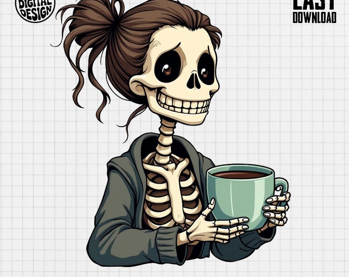 Skeleton Girl Coffee T-Shirt, Funny Skeleton, Coffee Lover Gift, Bun Hair Skull, Digital Item, Trendy Skeleton T-Shirt