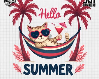 Cat In Hammock T-Shirt, Tropical Palm Summer Vacation Tee
